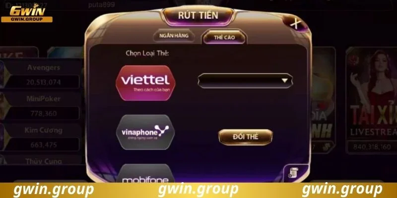 Rút tiền qua thẻ cào tại cổng game Gwin